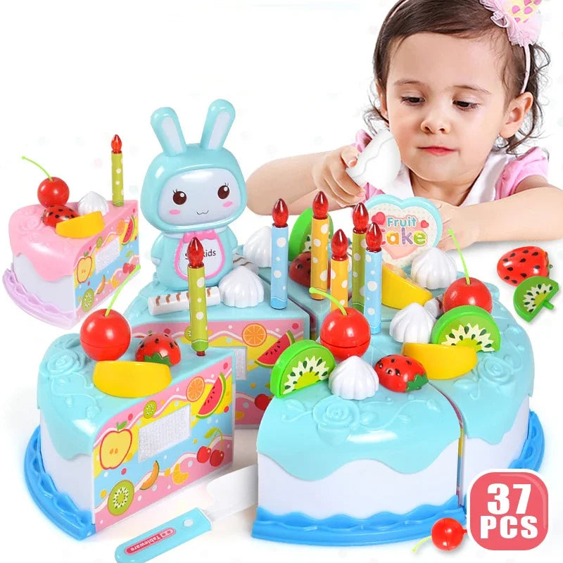 Kids Toy Simulation DIY Birthday Cake Model Kitchen Pretend Play House Cutting Fruit Food Toy for Toddler Children Gift Boy Girl.