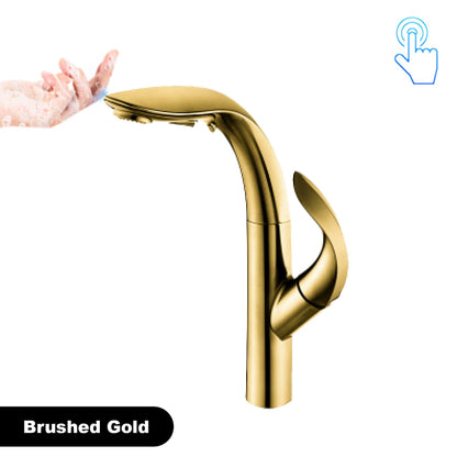 Luxury brass gold touch switch kitchen faucet pull-out design 1 hole single handle hot and cold water sink 2 function Mixer