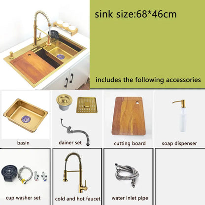 Gold Wasserfall Wasserhahn Küchenspüle Nano Waschbecken 304 Edelstahl Golden Topmount Single Bowl Waschbecken 4-Funktions-Küchenarmatur