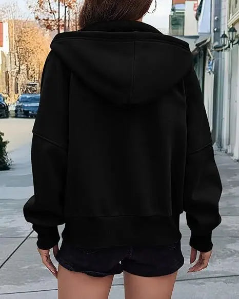 New Solid Color Zipper Splicing Hooded Coat, Women's Autumn Leisure Loose Sports Hooded Long Sleeve Coat Sweatshirt..