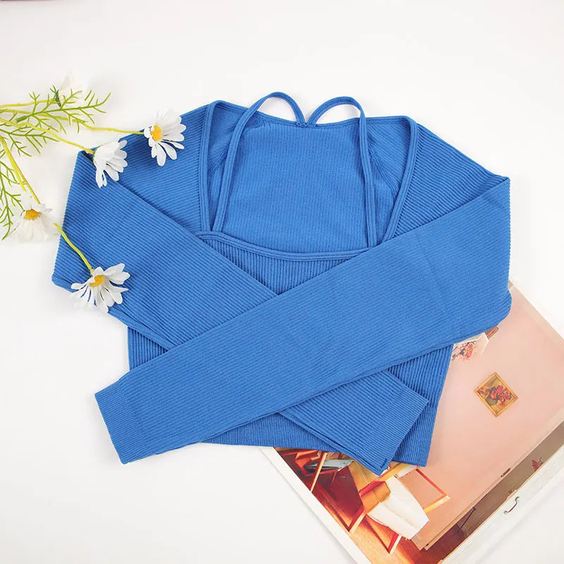 CHRLEISURE Ribbed Seamless Crop Top Women's Long Sleeve Sports Shirt  Elastic Slim Workout Tee Outdoor Yoga Shirts Gym Wear.