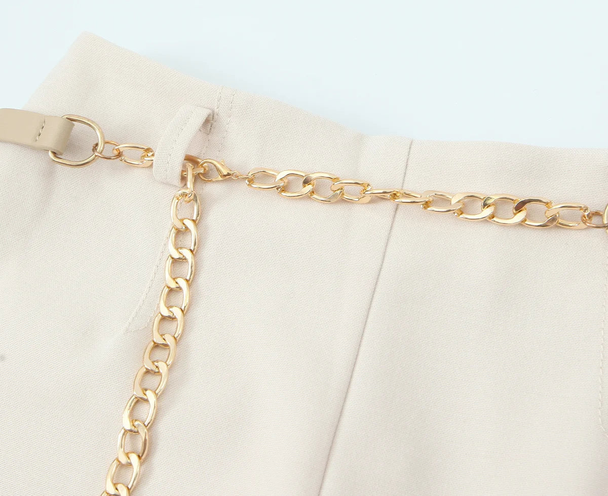 HH Women Solid Pant Set Long Sleeve O-Neck Double-Breasted Blazers+High Waist Chain Matching Side Zipper Trousers Sets