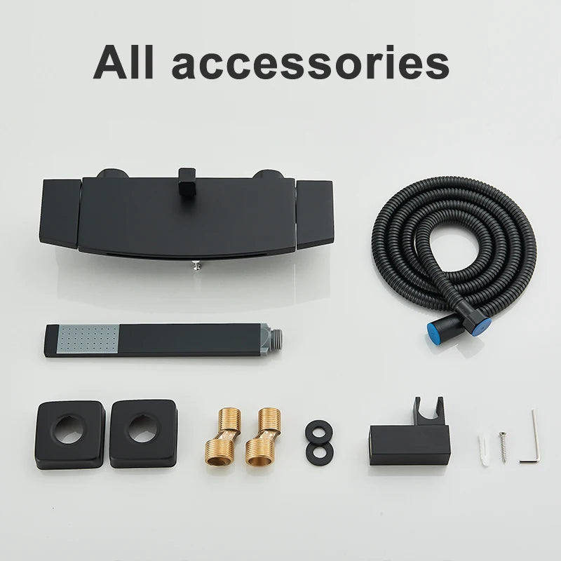 Black Waterfall Shower Faucet Bathroom Wall Mounted Bathtub Shower Faucets Dual Handles Hot Cold Water Mixer Tap with Handshower