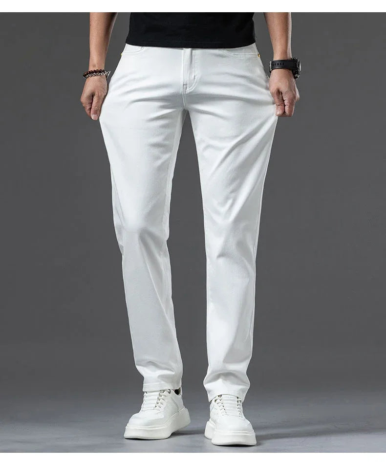 2024 New Summer Thin Men's Straight Denim Cotton Stretch Creamy-white Jeans Classic Business Pants Fashion Trousers Male Brand.