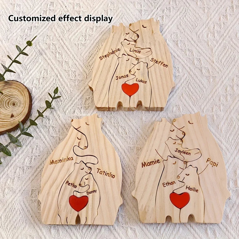 Art Wooden Bear Family Puzzle Personalized Name Custom Home Decor Thanksgiving Christmas Heartwarming Gift for Baby Mom.