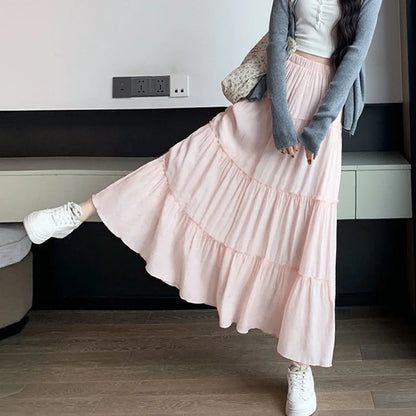 Spring Summer Women Long Skirts Fashion High Waist Elastic Patchwork A-Line Skirt Casual All-Match White Cake Maxi Skirts Female.