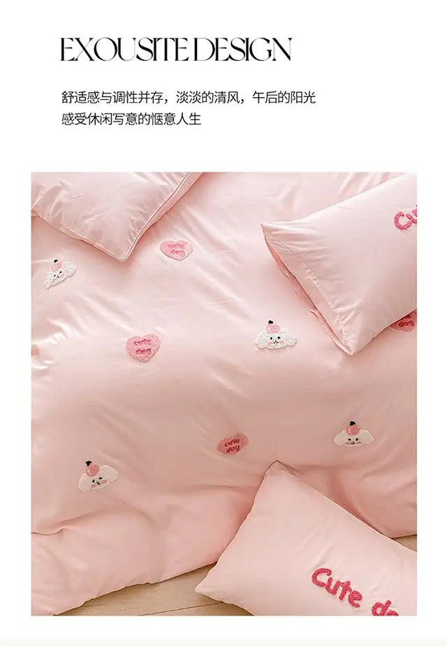 Ins Girly Heart Towel Embroidery Bedding Four-piece Set Soft Washed Cotton Bed Sheet Quilt Cover Three-piece Set.