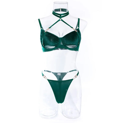 Cut Out Bra and Brief Velvet Erotic Set Women 2-Piece Halter Underwear Patchwork Thong Intimates Sexy Lingerie Pornos Suit Latex