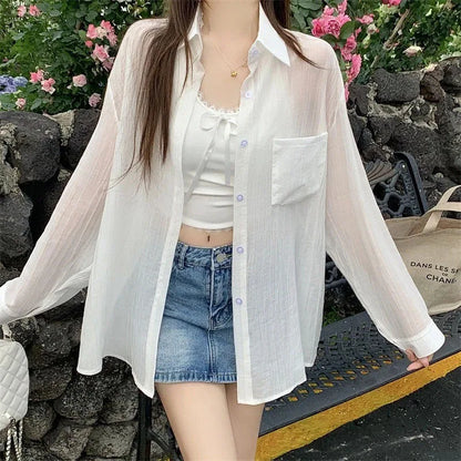 Women's Summer Sun Protection Shirts Casual Loose with Pocket Chiffon Blouses Female Korean Chic Thin Breathable Slimming Shirt.