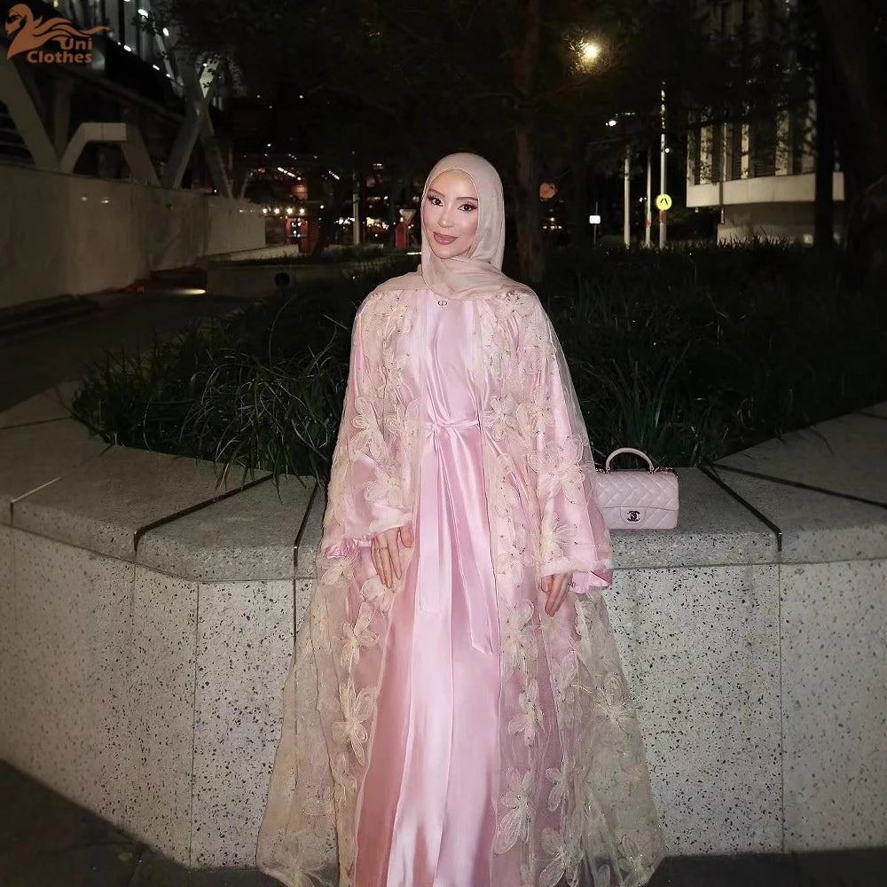 Eid Pink Embroidery Abayas for Women Muslim Dress Dubai Open Abaya Turkey Kaftan Kebaya Kimono Cardigan Islam Clothing Jalabiya.