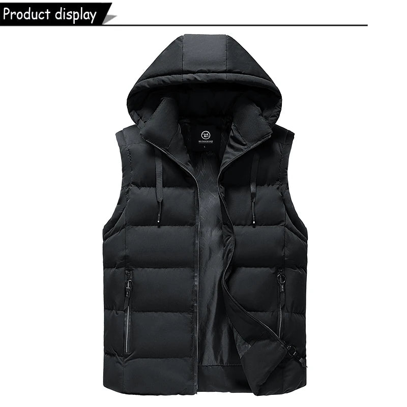 Men Autumn Sleeveless Outdoors Casual Solid Warm Vest Men Winter Detachable Hooded Fleece Pocket Zipper Fashion Vest Male Coat.