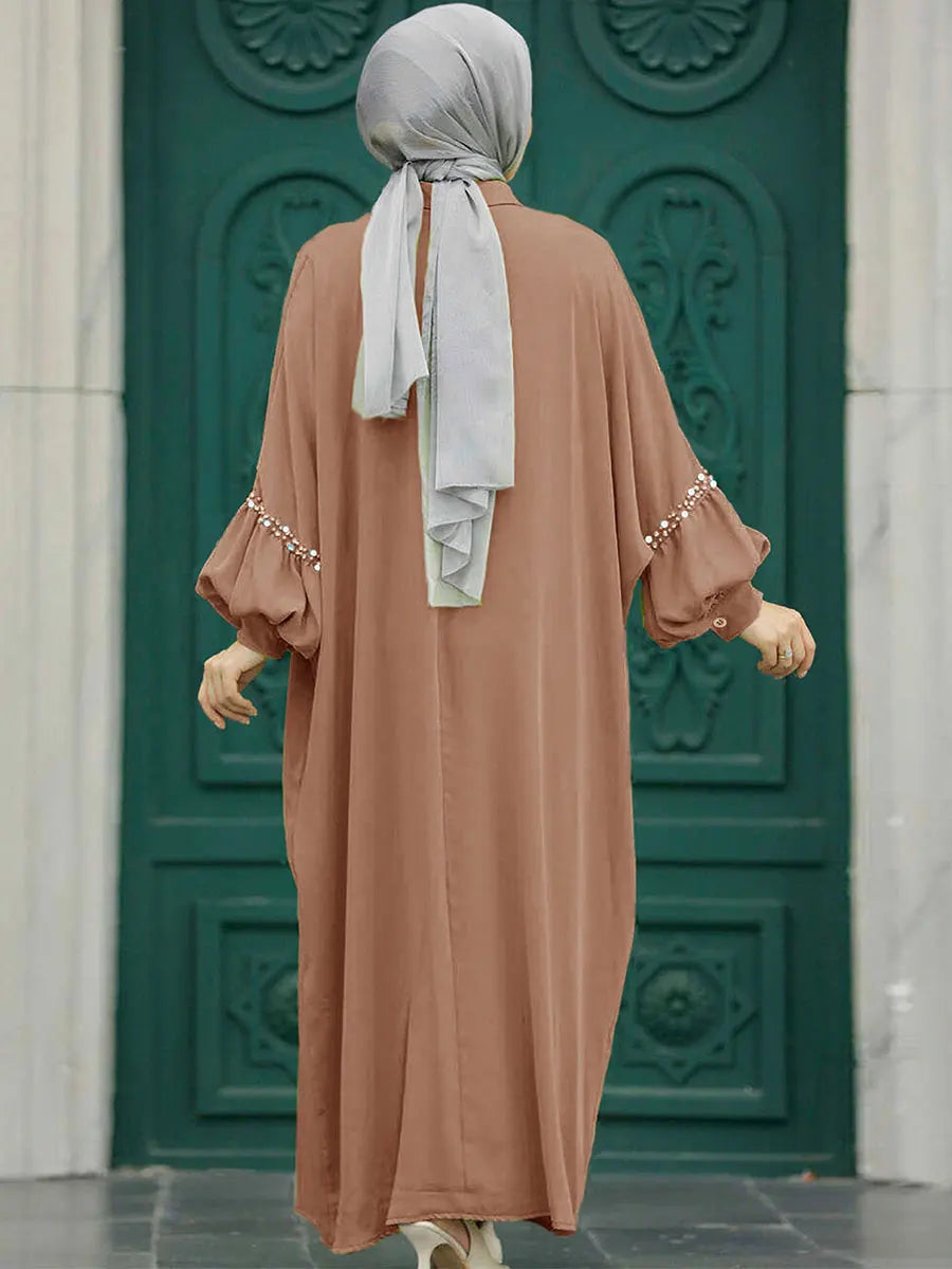 Siskakia Solid Muslim Woman Elegant Beaded Cardigan Long Dress With Loose Batwing Sleeve Moroccan Dubai Saudi Kebaya Robe  2024.