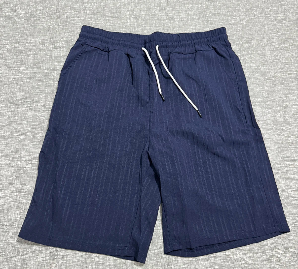 Lazy Street Style Vertical Stripe Slimming Shirt Shorts Two-piece Set No Need To Pair With Autumn Men's Thin Knit Sports Suit.