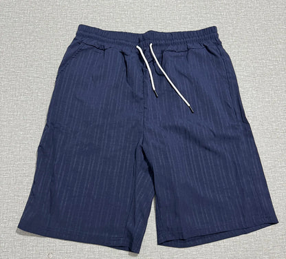 Lazy Street Style Vertical Stripe Slimming Shirt Shorts Two-piece Set No Need To Pair With Autumn Men's Thin Knit Sports Suit.