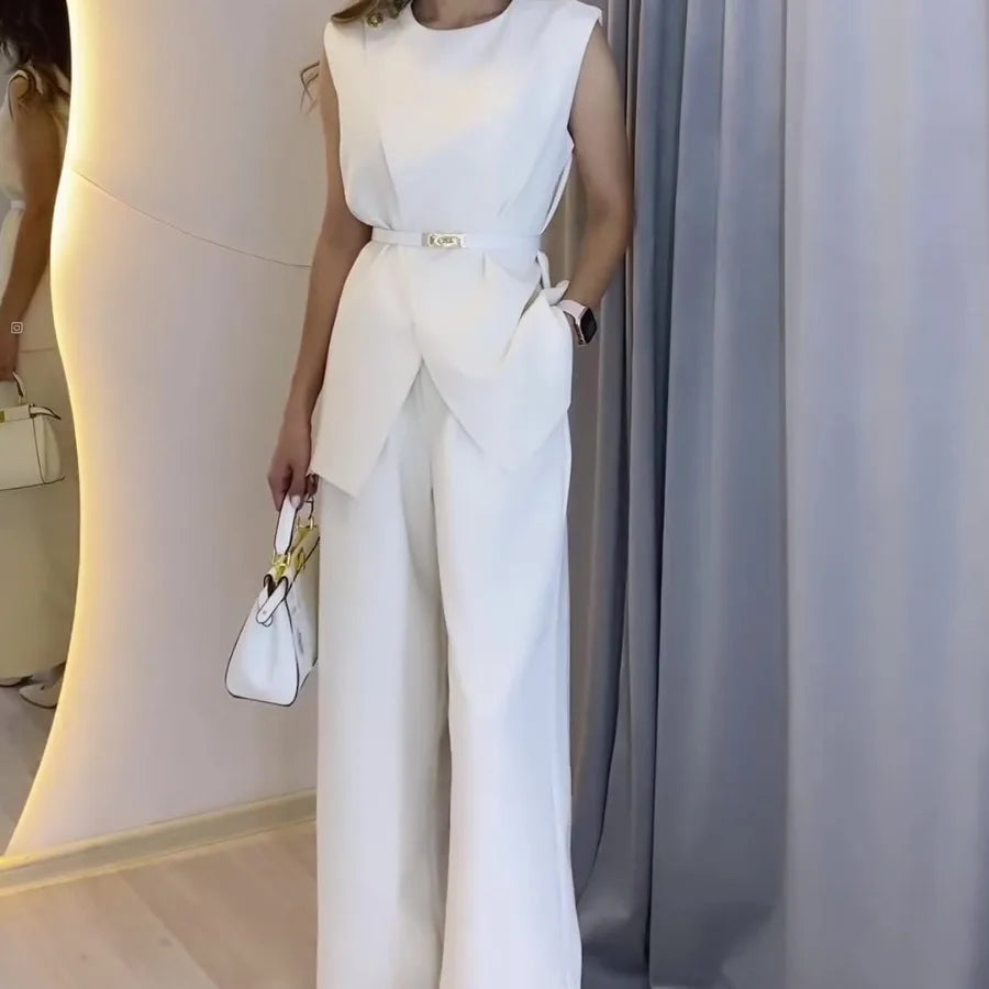 Women Women Piece Set High Waist Pocket Pant Sets Tops Solid Sleeveless Spliced Elegant Round Neck Top Suits Office Lady.