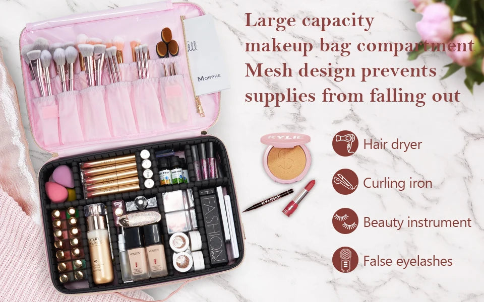 Professional Makeup Bag Extra Large Cosmetic Train Case Make Up Brush Organizer Storage Box Manicure Artist Bags with Dividers.