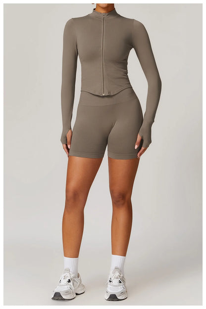 Ctenkevet Women Slim High Neck Jacket Sports Suit Female Two Piece Yoga Clothes Sport Outfit For Woman Buttock Lift Sports Suit.