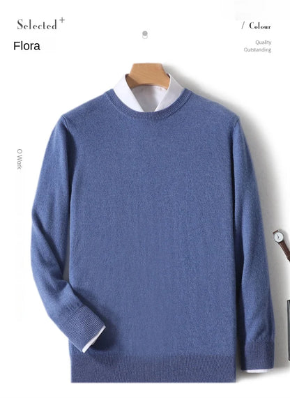 2025 100% Pure Merino Wool Men's Round Neck Pullover Solid Color Plus Size Casual Sweater Autumn And Winter Sports Cashmere Top