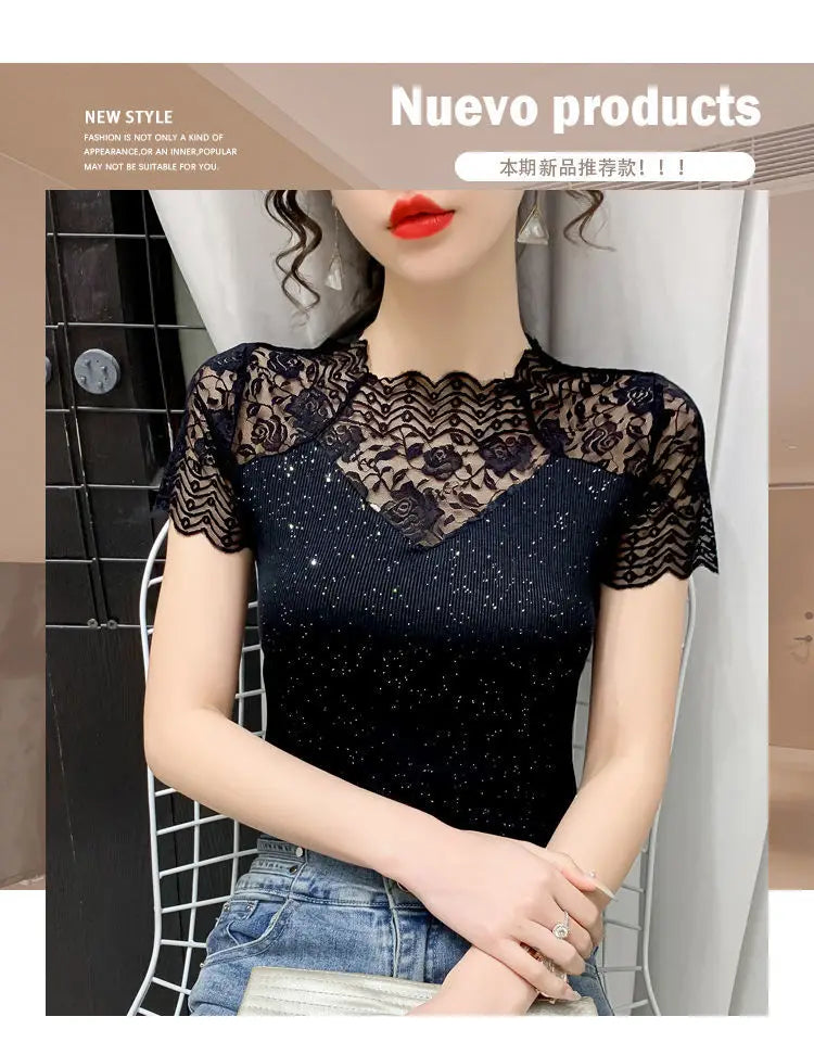 Summer Women Tops Patchwork Bright silk Mesh T shirt Pathcwork Short Sleeve Lace Shirt.