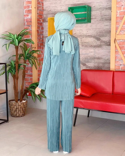 Women Casual Vintage Muslim Sets Ramadan Abaya Hijab Turkey Dubai Kaftan Prayer Dress Wide Leg Pants 2 PCS Sets Islamic Clothing.