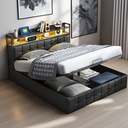 Rosahqnda Doppelbett 160 x 200 cm, mit Steckdose und LED, Kopfteil mit Stauraum und hydraulischem Stauraum, Schlafzimmer für Teenager, Leinen/PU