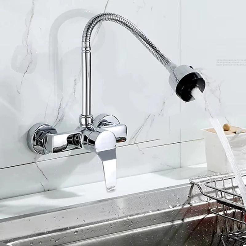Chrome/black wall-mounted swivel, two-way spout, water stream sprayer, hot and cold water flexible hose kitchen mixer tap