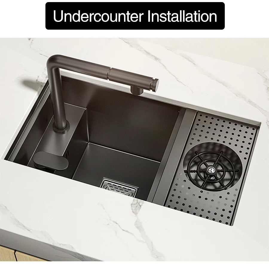 ASRAS Nano Black Small Size Kitchen Sink Cup Washer Hidden Bar Counter Cover Concealed Single Bowl Sinks With Lifting Faucet