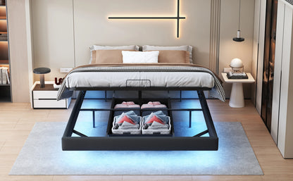 Lazyspace Bettgestell 160 x 200 cm mit LED-Beleuchtung und Stauraum, schwebender Bettrahmen mit Metalllattenrost, ohne Matratze