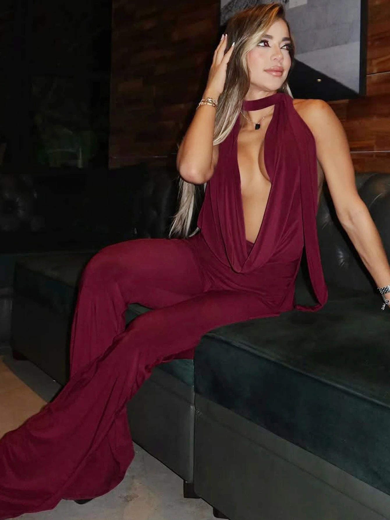 Dulzura Summer Solid Sexy Halter Swinging Collar Backless Slim Lace Up Flared Jumpsuit Women'S Fashion Elegant Party Club Romper.