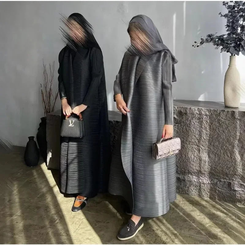 Muslim Abaya Black Simple Commuter Fashion Pleated Loose Long Trench Coat Jacket 2024 Fall New.