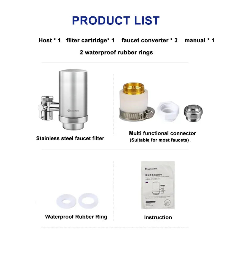 Wheelton Stainless Steel Kitchen Tap Filter Household Ceramic Water Purifier Faucet Water Filter  Activated Carbon Filtration