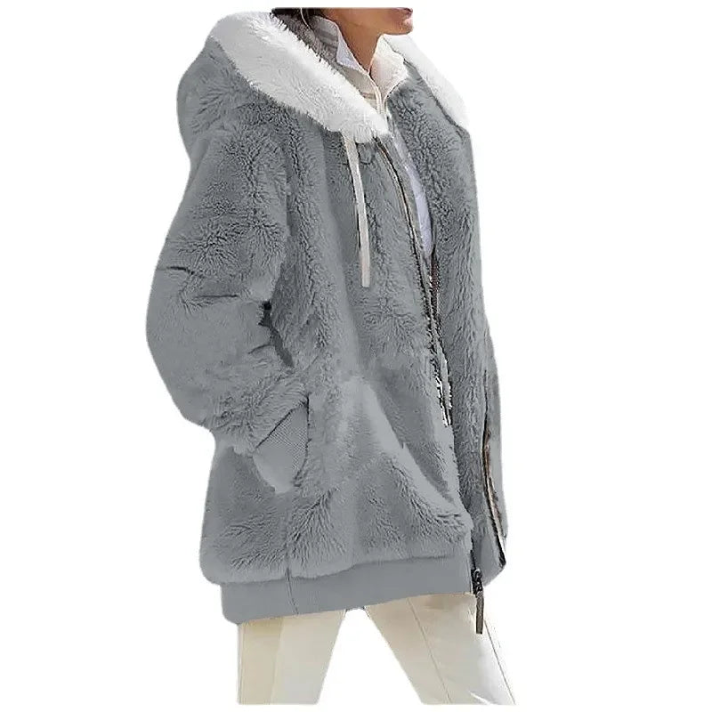 Herbst Winter Mode Damen mantel neue lässige Kapuze Reiß verschluss Dame Kleidung Kaschmir weibliche Fleece jacke einfarbige Damen mäntel