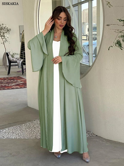 Siskakia Muslim Open Kimono Abaya For Moroccan Women Fashion Ruffle Sleeve Arab Dubai Clothing Jalabiyat Turkey Soft Gulf Robe.