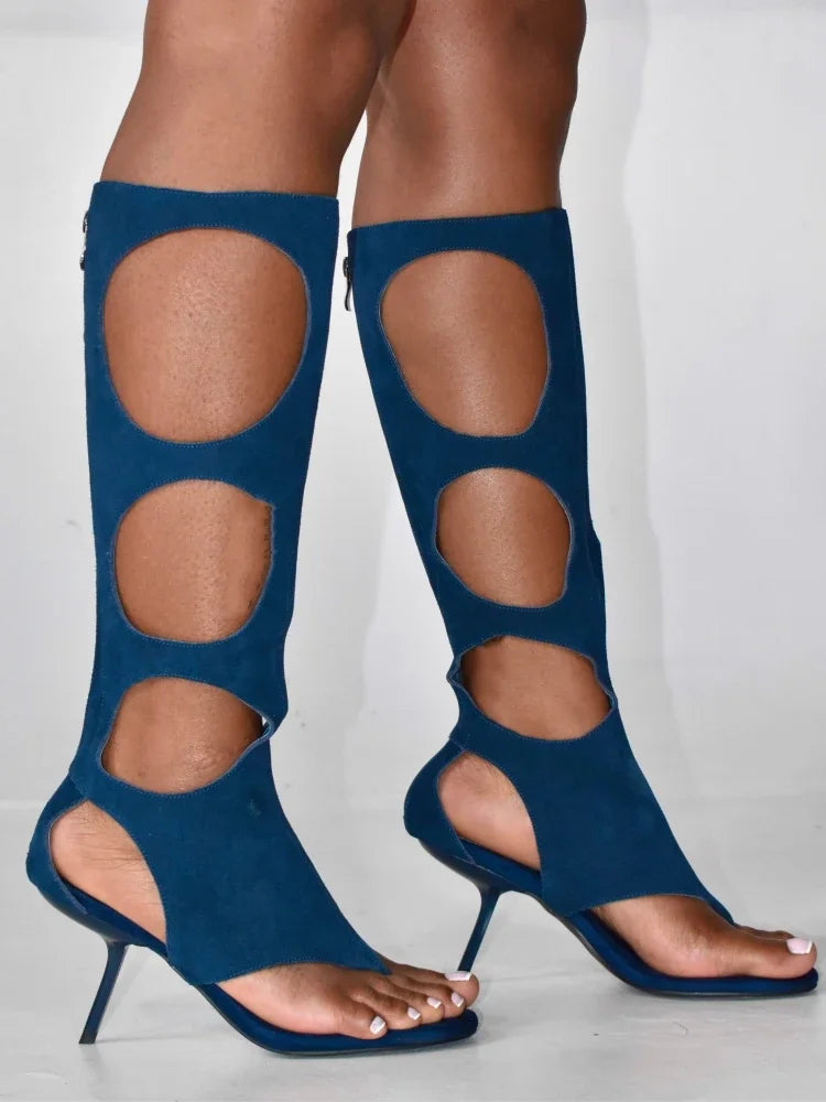 2025 New Luxury Women's Knee-High Boots | Real Horsehair Cut-Out Stiletto Heel & Rear Zipper | Evening Party Club Dress Shoes