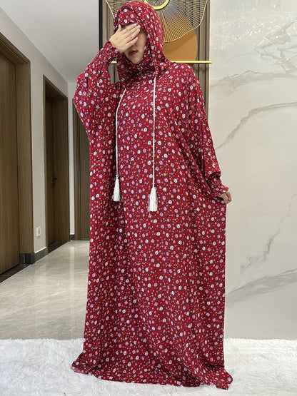 New Ramadan Muslim Two Hats Abaya Dubai Turkey Islam Prayer Clothes Floral Cotton Long Dress Islam Women Dress Kaftan