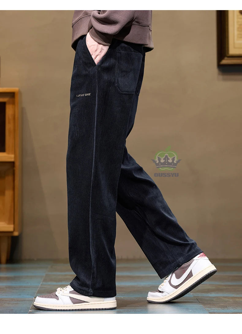 Autumn Winter Men's Corduroy Pants Elastic Waist Fashion Stretch Loose Straight Black Grey Thick Trousers Male Plus Size M-5xl.