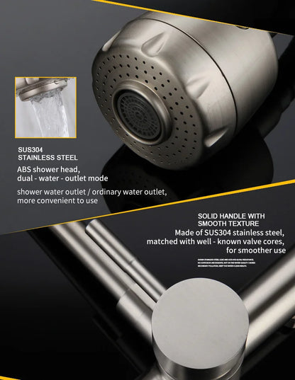 Universal Wall Mounted Stainless Steel Kitchen Faucet Cold and Hot Tap 360 Degree Swivel Flexible Hose Single Handle Faucet