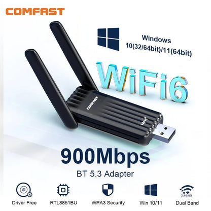 COMFAST 900Mbps WiFi 6 BT 5.3 USB Adapter Dual Band 2.4/5G RTL8851BU Wireless Free Drive Network Card For Laptop PC Win 10/11.