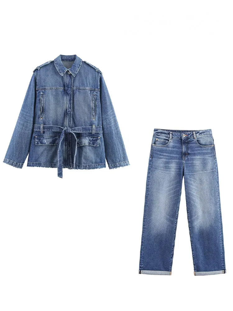 HH Women Denim Pant Sets Turn-Down Collar Long Sleeves Belt Autumn Coats+Pockets Loose High Waist Zipper Hemming Trousers.