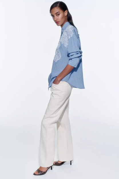 Spring 2024 New Arrival Women's irt Embroidered Flower Decorated Stripe Casual Loose Fit Long Sve Button up Polyester Fiber.