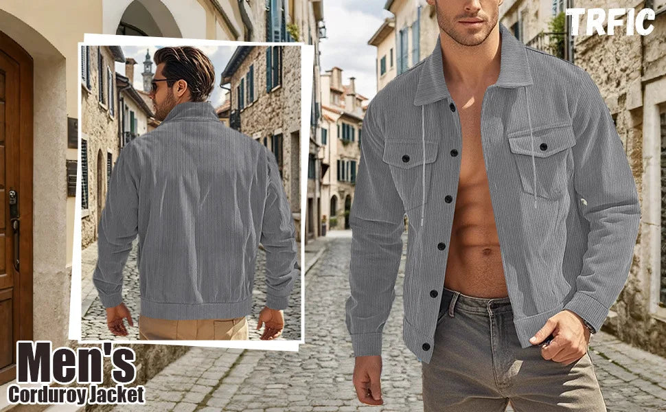 Men's Corduroy Jacket Stand-up Collar Slim Fit Retro Multi-pocket Workwear Commuter Coat for Spring And Autumn.