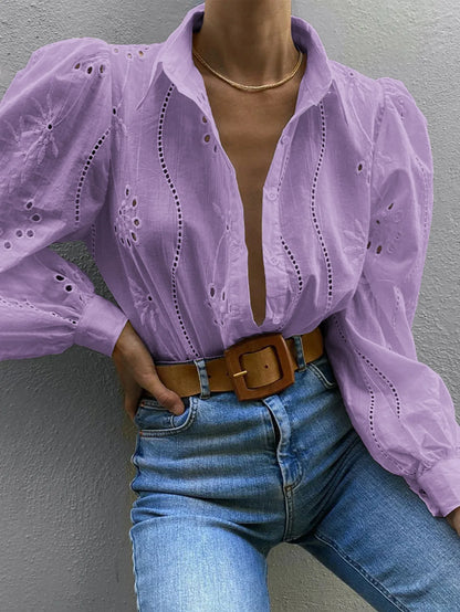 2025 Autumn New Solid Shirt Casual Loose Fashion Hollow Puff Sleeve Cardigan Tops For Women Office Black Hollow out Blouses