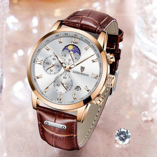 LIGE Luxury Fashion Women Watch Leather Strap Waterproof Casual Sport Quartz Wristwatch 24 hour Moon Phase Clock Watch for Women.