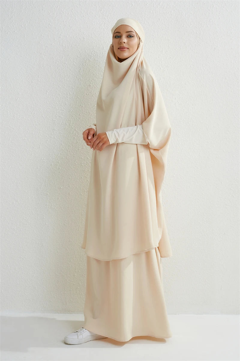 Muslim Sets Two Pieces Prayer Clothing Long Hooded Smocking Sleeve Shirts Hijab Loose Maxi Skirts Elastic Waist Women Abaya Sets