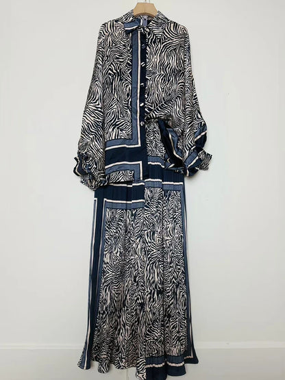 Designer's retro geometric print loose shirt two-piece set for Spring 2025 women's wear + pleated wide-leg pants fashion set.