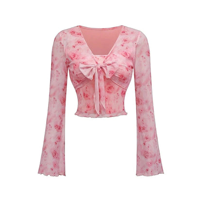 Summer Women's Y2k Floral Printed Sweet V-Neck T-shirts Mesh Beach Party Dress Top Flare Sleeve Square Collar Lace Up Shirt 2025