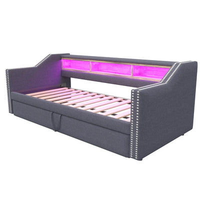 Ausziehbares Schlafsofa 90/180 x 190 cm, multifunktionales Aufbewahrungsfach, LED-Licht und USB-Buchse, mit Gitter, Dunkelgrau
