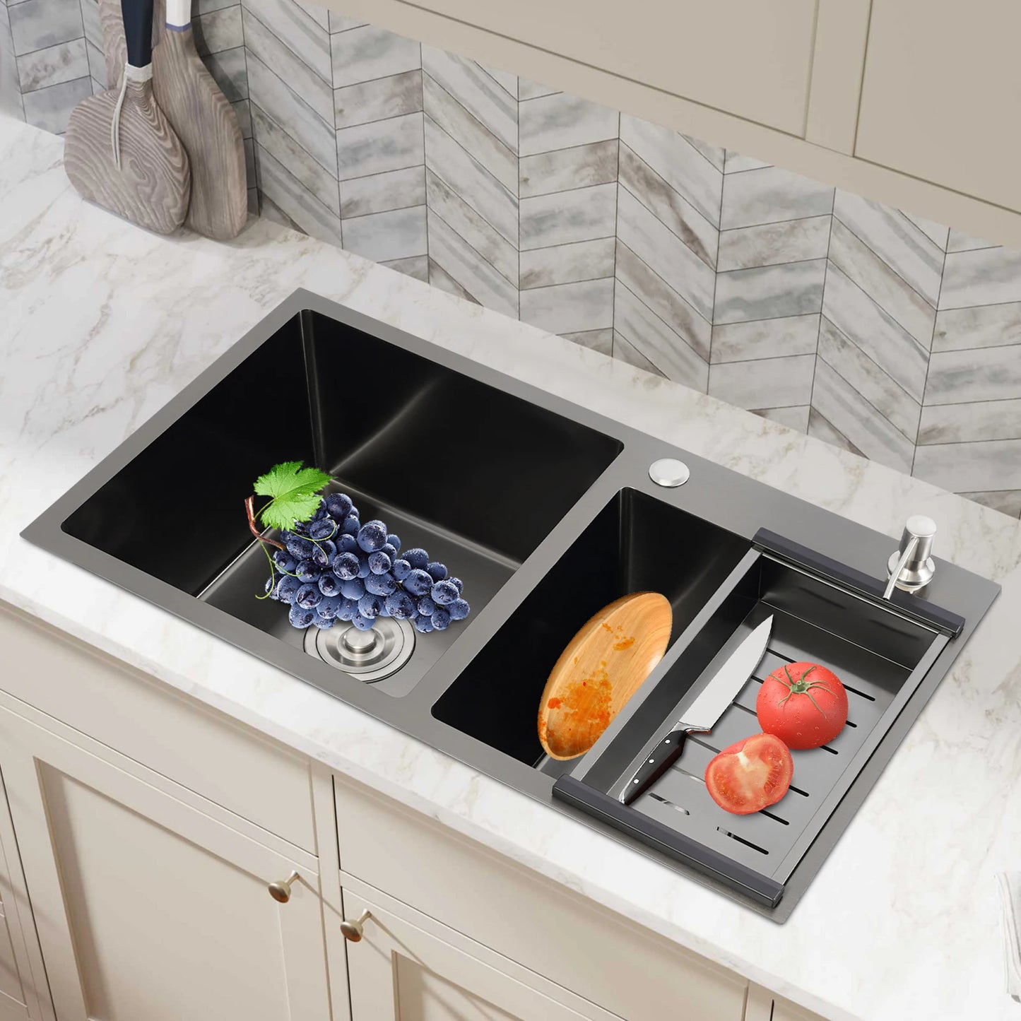 Doppelschüssel-Spüle, Küchenspüle aus Edelstahl, modernes Küchenspülen-Set (Drainpipes + Siebgefäße + Abflusskorb + Seifenspender)