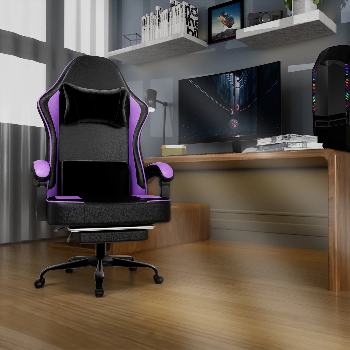 Gaming-Stuhl mit Taschenfederkissen und Fußstütze, ergonomischer Computerstuhl für Erwachsene, atmungsaktiver Spielstuhl aus PU-Leder, Adj