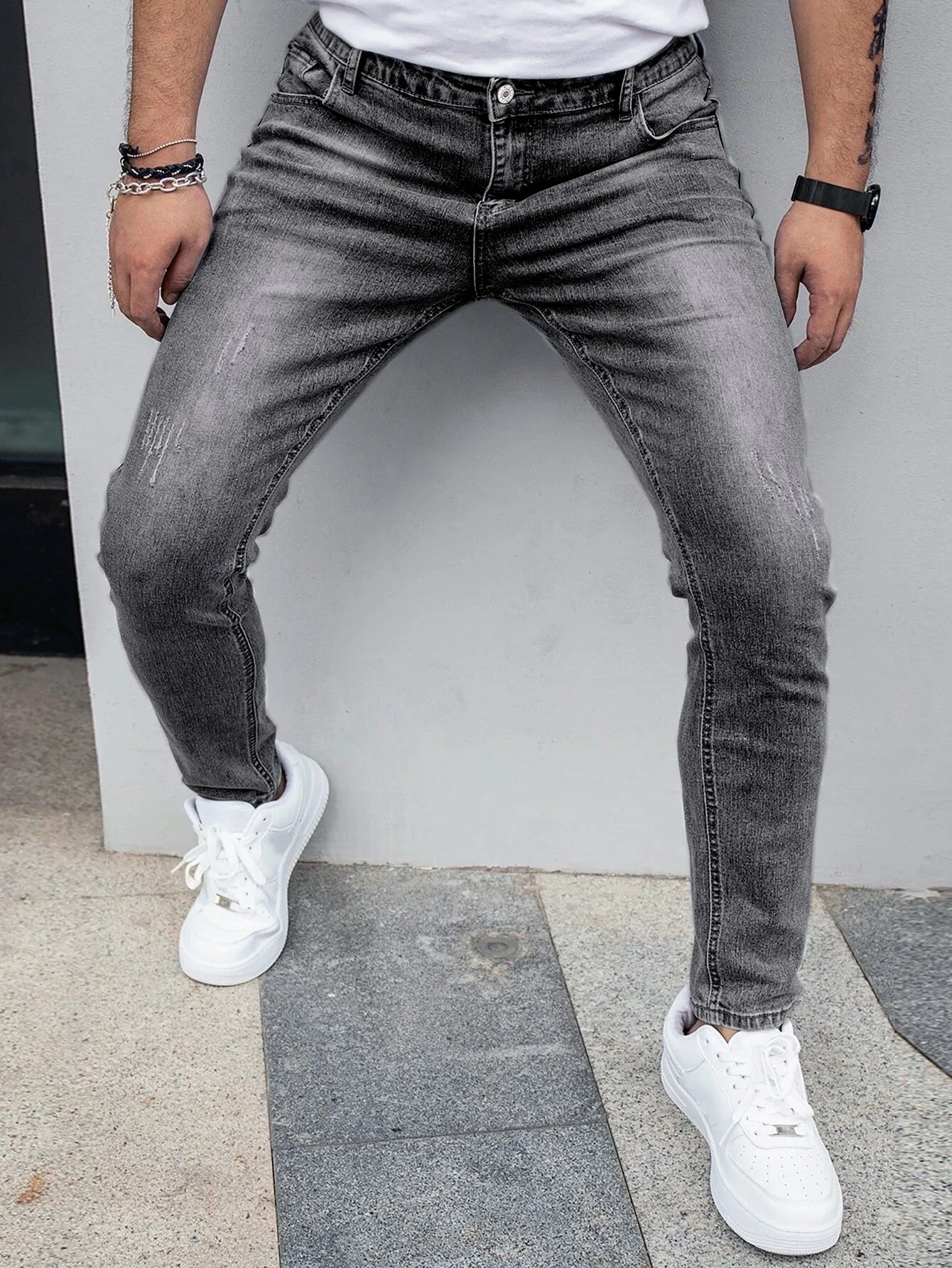 1 Piece of Men's Four-Season Snowflake Washed Fashion Jeans, Stretch Slim Fit Light Gray Dark Black Casual Denim Pants, Normcore and Fashionable, Suitable for Everyday Wear.